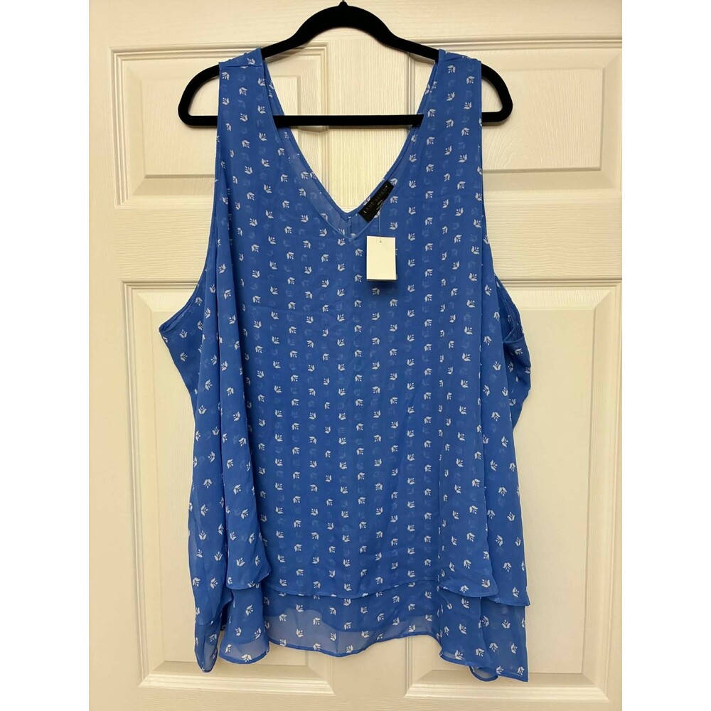 Lane Bryant Tank Blouse Womens 38/40 Blue Floral Sheer Layered V-Neck Sleeveless